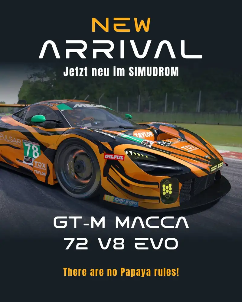 🏎️ NEW CAR ALERT - GT-M MACCA 72 V8 EVO!

Der GT-M Macca 72 V8 Evo von RSS ist ab sofort im SIMUDROM fahrbar!

🔥 Brutaler V8-Sound
⚙️ Überarbeitete Physik & Handling
🏎️ Realistische Aerodynamik

Ein moderner GT-Racer, der dich in jeder Kurve fordert! 

Bereit den V8 zu entfesseln?

👉 Jetzt ausprobieren im SIMUDROM!

#SIMUDROM #SimRacing #vienn #simracingwien #racing